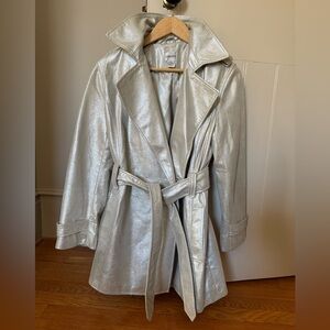 Chico's Metallic Silver Genuine Leather Trench Coat